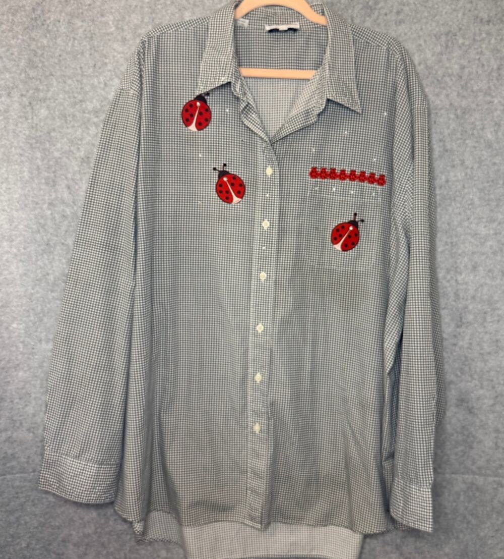 Vintage Las Olas Shirt Womens 2X Ladybug Rhinestone Gingham Button Down